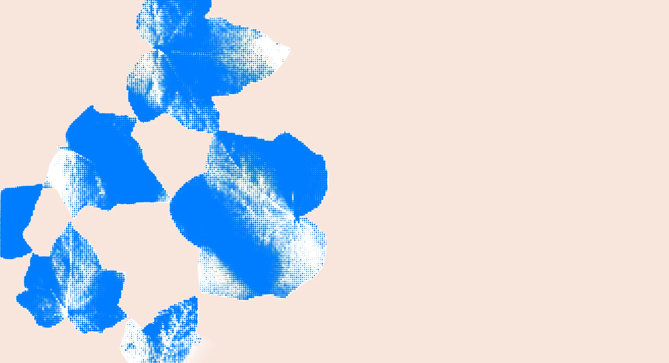 Blue halftone floral pattern with abstract leaves on a light peach background.