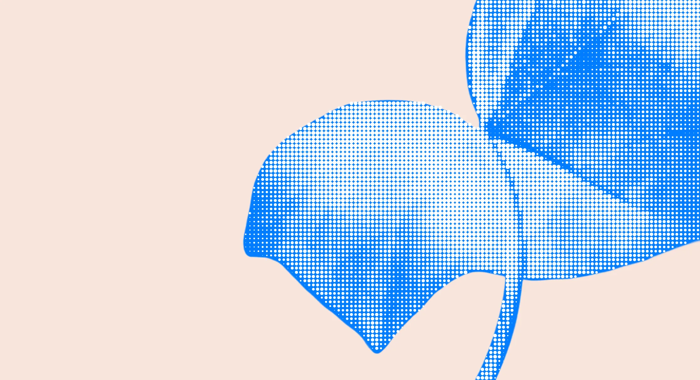 Blue halftone-patterned ivy leaf illustration on a light beige background.