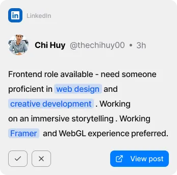 LinkedIn post by Chi Huy seeking a frontend role with skills in web design, creative development, Framer, and WebGL.
