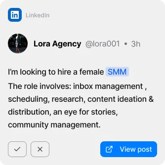 LinkedIn post by Lora Agency seeking to hire a female SMM for inbox management, scheduling, research, content ideation, distribution, stories, and community management.
