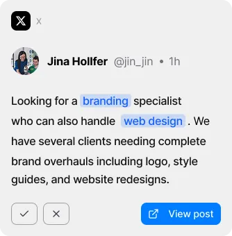 Social media snippet from Jina Hollfer seeking a branding specialist experienced in web design for client brand overhauls and website redesigns.