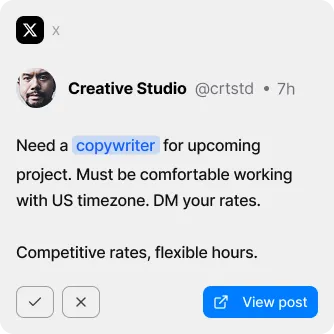 Social media post from Creative Studio seeking a copywriter for an upcoming project, mentioning US timezone and flexible hours.