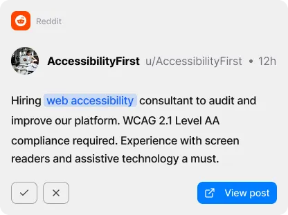 Reddit post from AccessibilityFirst seeking a web accessibility consultant for WCAG 2.1 Level AA compliance with screen reader experience required.