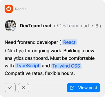 Reddit post by DevTeamLead seeking a frontend developer skilled in React, Next.js, TypeScript, and Tailwind CSS for an analytics dashboard project offering competitive rates and flexible hours.