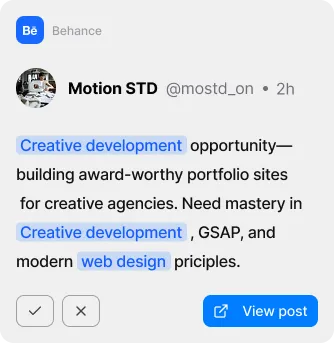 Social media post from Motion STD on Behance highlighting a creative development job opportunity requiring skills in GSAP and web design.