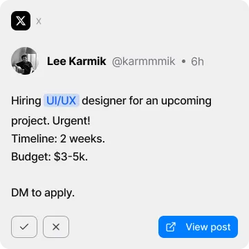Social media post from Lee Karmik hiring a UI/UX designer for a 2-week project with a $3-5k budget, urging to DM to apply.