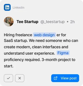 LinkedIn post from Tee Startup hiring a freelance web designer with Figma proficiency for a 3-month SaaS startup project.