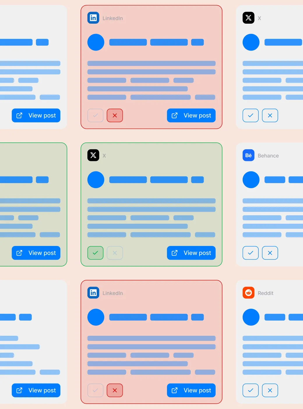 Grid of stylized social media post previews with LinkedIn, X, Behance, and Reddit logos, each featuring sample text and View post buttons with check and cross icons.