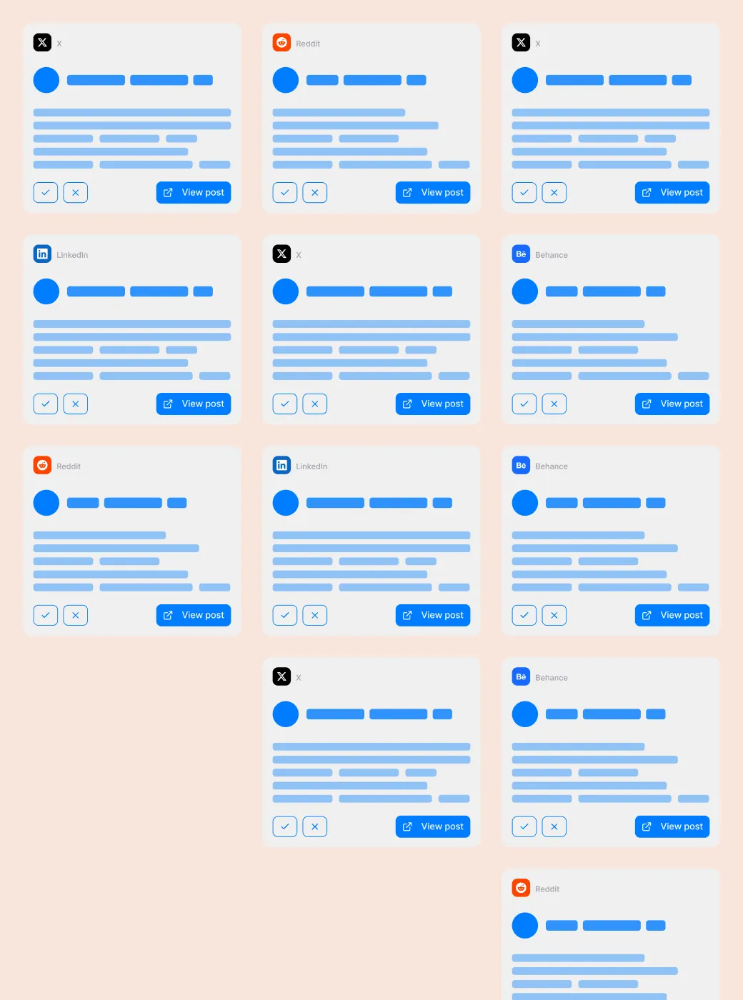 Grid of social media post previews with icons for X, Reddit, LinkedIn, and Behance, featuring blue user avatars, text placeholders, interaction buttons, and 'View post' links.